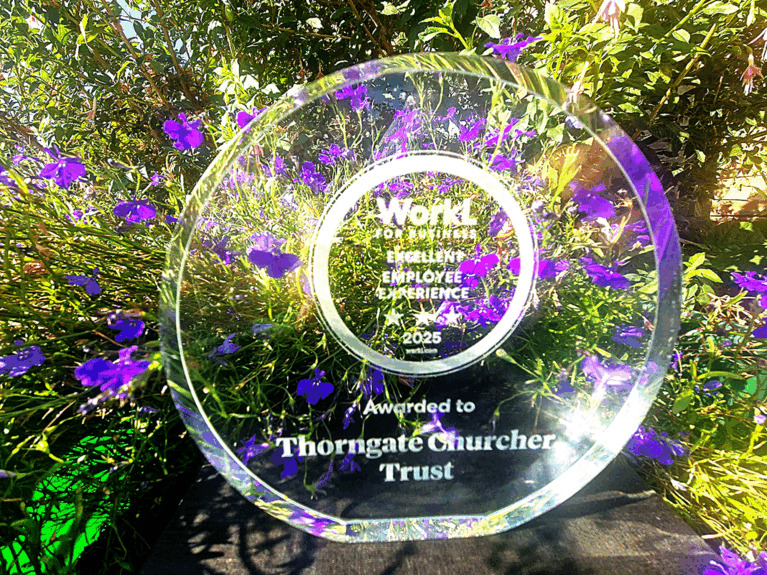 The decorative, glass WorkL award for excellent employee experience.